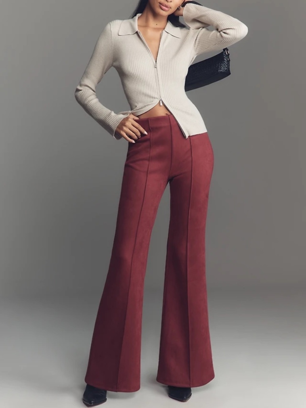 Anthropologie En Elly Faux-Suede Pull-On Flare Pants in OXBLOOD BURGUNDY